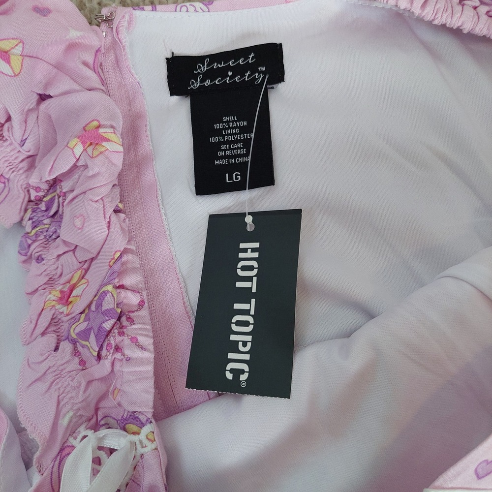 Sweet Society Hot Topic Pink Kawaii Wings Tiered Dress Heart Lace Up Size Large - Picture 8 of 9